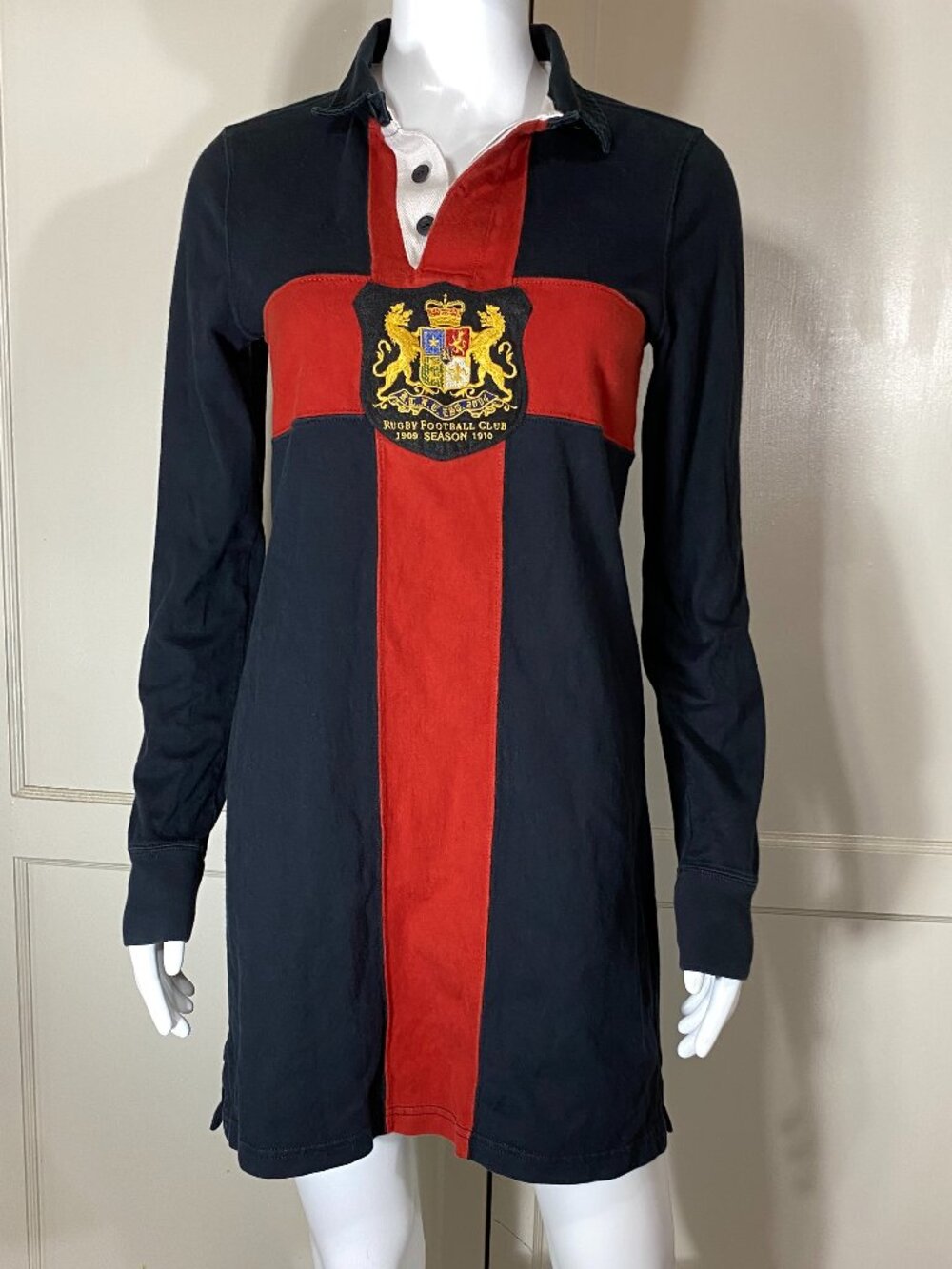 VINTAGE RUGBY Ralph Lauren Football Club Knit Dress UK Tour Black Red Crest Sz M